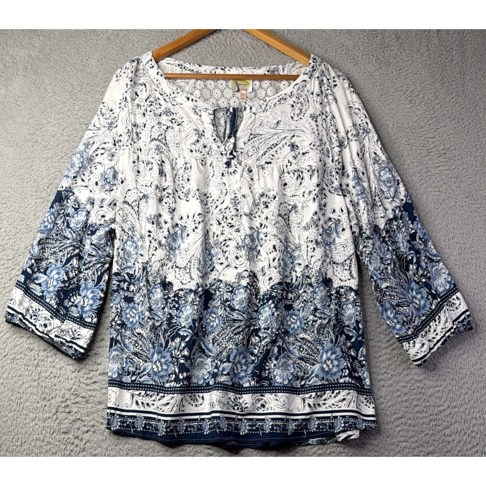 Anthropologie Fig & Flower Blouse Top Womens Size 2X White Blue 3/4 Sleeve